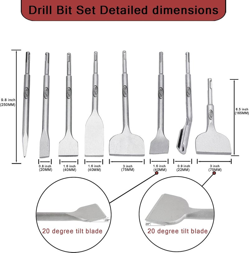 Regiis Tech 8 pcs SDS Plus Chisel Set, Masonry Concrete Drill Bit Set, Tile Removal Chisel Bits for Rotary Hammer with Point Flat Wide Tile Inclined Grooving Scraping Scaling Chisels - Image 2
